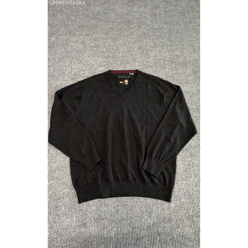 Orvis Men's Charcoal Black 100% Merino Wool V-Neck Sweater Size XL